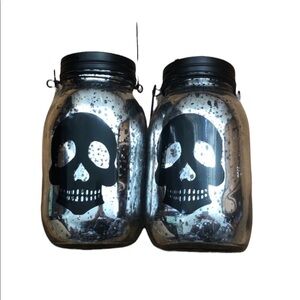 Set of two Silver and black skull jars halloween fall decor